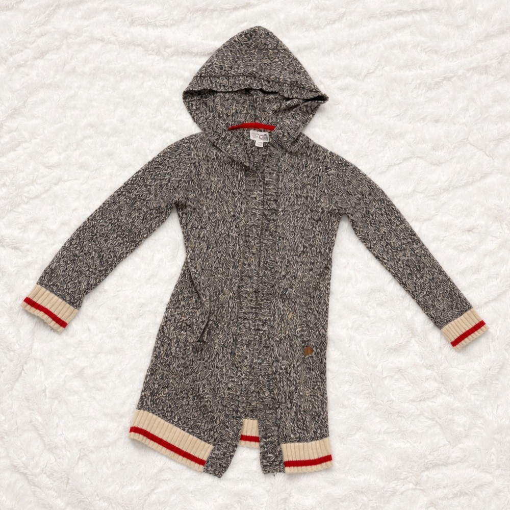 Roots Cabin Knit Hooded Cardigan Girls Youth XXL (13–14) Black Cream Red Trim